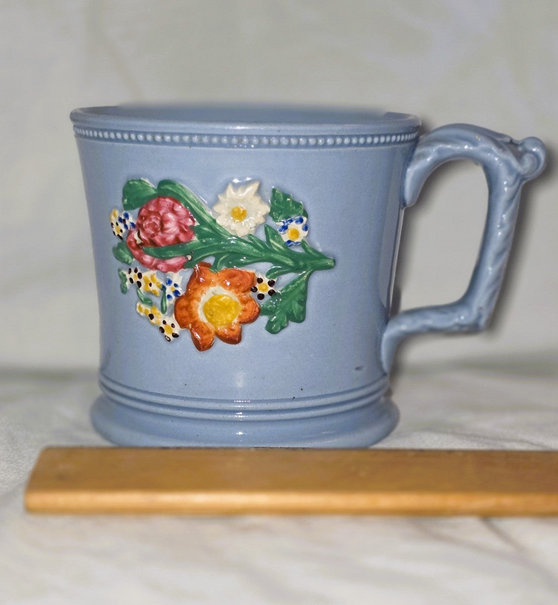 Antique Staffordshire Sprigged Mug, Drabware Floral Relief Pottery Tankard