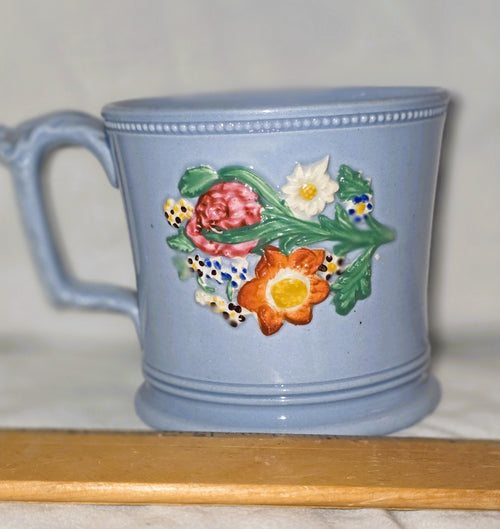 Antique Staffordshire Sprigged Mug, Drabware Floral Relief Pottery Tankard
