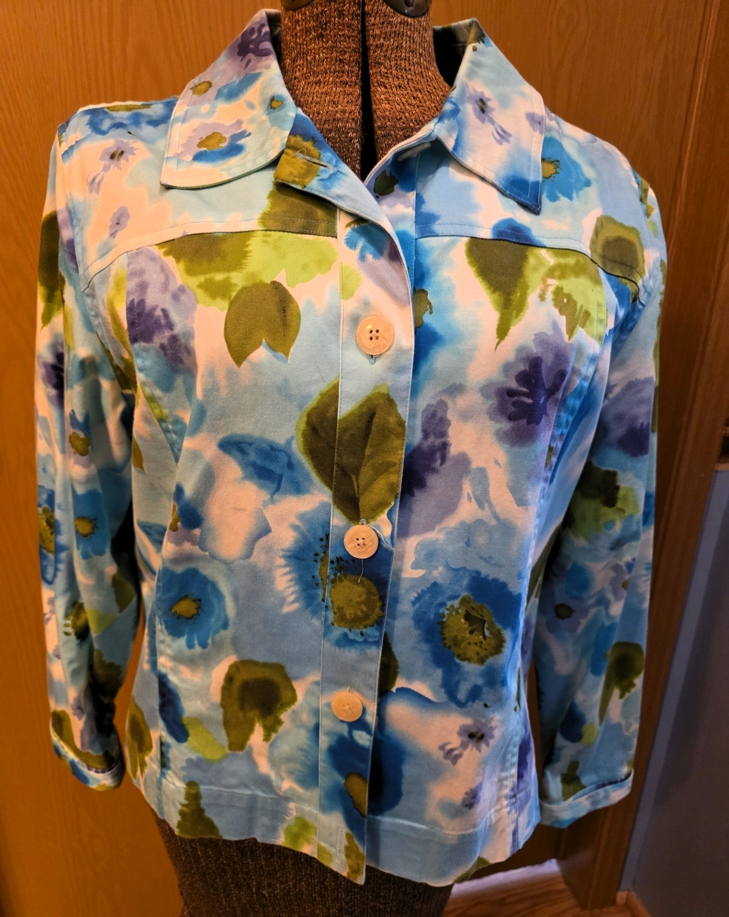 Vintage 1999 Coldwater Creek Jacket, Blue Watercolor Print, Petite XL